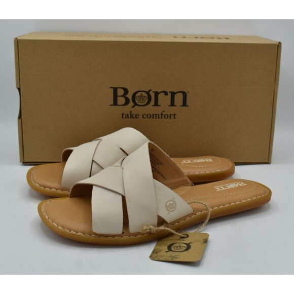 Born Womens Size 11 Ilana White Full Grain Leather Open Toe Slides Sandals Shoes - Picture 1 of 10
